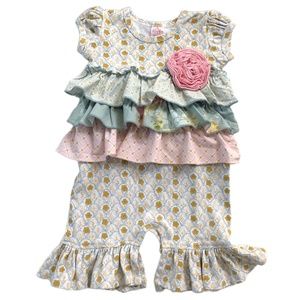 Giggle Moon Pink, Green & Cream Ruffle Romper 12 Months